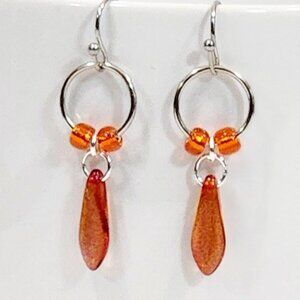 Czechoslovakian Orange Glass Dagger Earrings Lightweight Minimalist